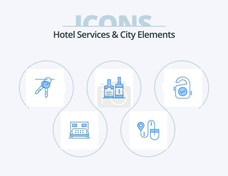 Illustration for Hotel Services And City Elements Blue Icon Pack 5 Icon Design. sale. bottles. hotel. bottl. alcohol - Royalty Free Image