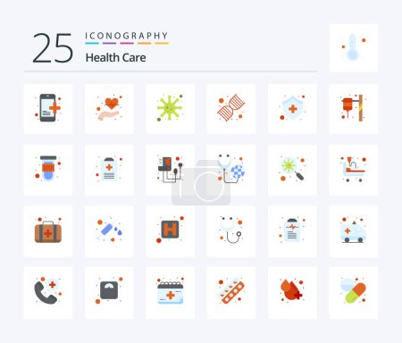 Téléchargez les illustrations : Health Care 25 Flat Color icon pack including protect. bacteria. genome. dna - en licence libre de droit