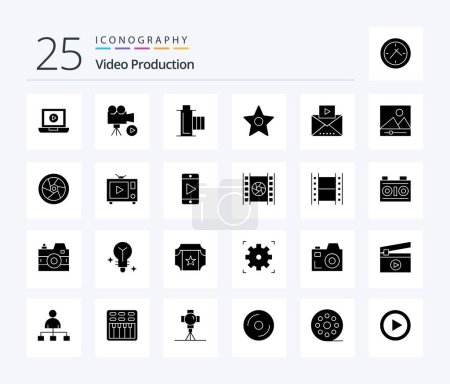 Ilustración de Producción de vídeo 25 Paquete de iconos de glifos sólidos que incluye marcador. Carrete. Película. multimedia . película - Imagen libre de derechos
