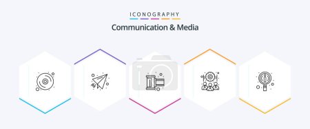 Illustration for Communication And Media 25 Line icon pack including manuals. teamwork. film. team. gear - Royalty Free Image