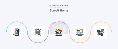 Ilustración de Stay At Home Line Lleno de paquete plano de 5 iconos, incluyendo la línea. Té. Gente. Dulce. postre - Imagen libre de derechos