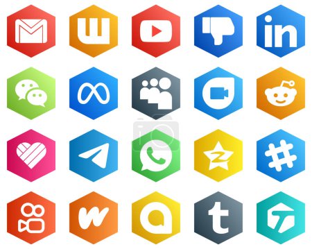Illustration for Hexagon Flat Color White Icon Collection such as likee. google duo. linkedin. myspace and meta icons. 25 Professional Icons - Royalty Free Image
