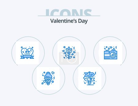 Téléchargez les illustrations : Valentines Day Blue Icon Pack 5 Icon Design. photographie. caméra. badge cardiaque. rose. fleur - en licence libre de droit