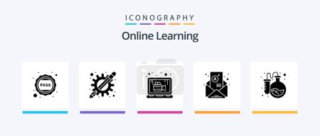 Téléchargez les illustrations : Online Learning Glyph 5 Icon Pack Including flask. newsletter. learning apps. mail. lesson. Creative Icons Design - en licence libre de droit