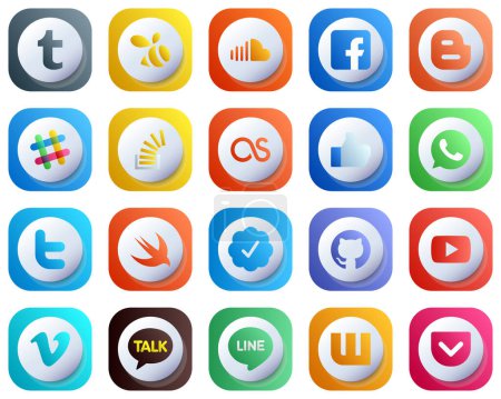 Illustration for Cute 3D Gradient Icons of Top Social Media 20 pack such as facebook. lastfm. blogger. overflow and question icons. High-Definition and Professional - Royalty Free Image