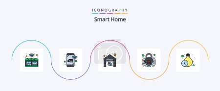 Téléchargez les illustrations : Smart Home Line Rempli plat 5 Icône Pack Y compris serrure intelligente. à la maison. record. contrôle. maison - en licence libre de droit