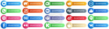 Ilustración de Sígueme Social Network Platform Iconos con Username 20 pack como digg. reunión. audio. iconos de vídeo y kuaishou. Alta resolución y totalmente personalizable - Imagen libre de derechos