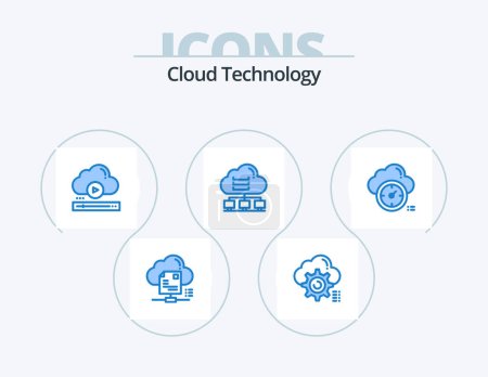 Téléchargez les illustrations : Technologie Cloud Blue Icon Pack 5 Icon Design. données. réseau. informatique. en ligne. joueur - en licence libre de droit