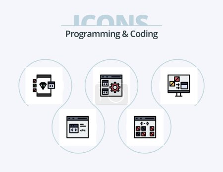 Téléchargez les illustrations : Programmation et codage ligne rempli Icône Pack 5 Icône Design. développement. codage. développement. document. développer - en licence libre de droit