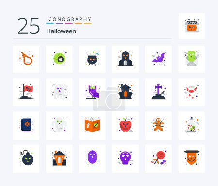 Téléchargez les illustrations : Halloween 25 Flat Color icon pack including halloween. bat. board. haunted house. halloween - en licence libre de droit