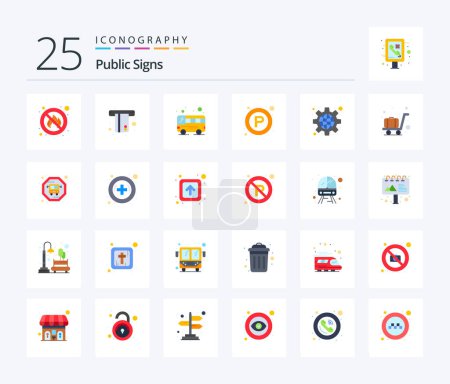 Illustration for Public Signs 25 Flat Color icon pack including public. configuration. bus. place. signs - Royalty Free Image