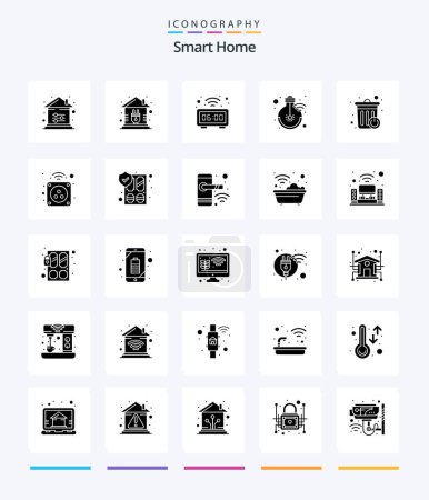 Téléchargez les illustrations : Creative Smart Home 25 Glyphe Solide Noir icône pack Tels que la lumière. internet. Intelligent. idée. temps - en licence libre de droit