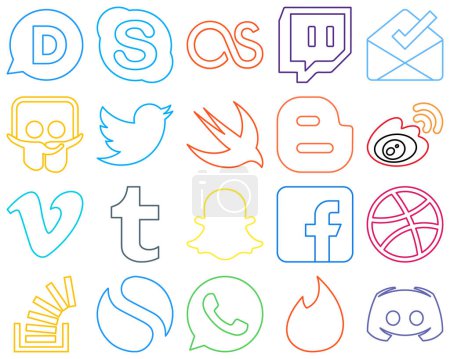 Illustration for 20 High-Quality Colourful Outline Social Media Icons such as video. tweet. china and weibo Fully customizable and professional - Royalty Free Image