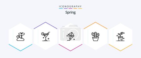 Téléchargez les illustrations : Spring 25 Line icon pack including ecology. spring. fly. pot. cactos - en licence libre de droit