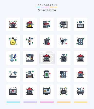 Téléchargez les illustrations : Creative Smart Home 25 Line Pack d'icônes telles que la surveillance. sécurité. propriété. à la maison. Intelligent - en licence libre de droit