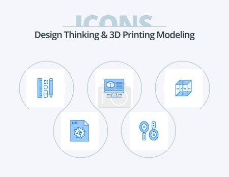 Téléchargez les illustrations : Design Thinking And D Printing Modeling Blue Icon Pack 5 Icon Design. computing. box. pencil . monitore. box - en licence libre de droit