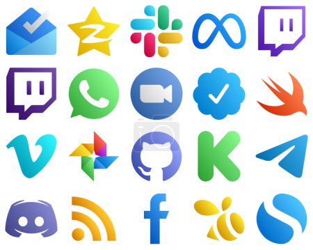 Ilustración de Iconos de degradado para los principales paquetes de redes sociales 20, como la foto de Google. vimeo. whatsapp e iconos rápidos. Totalmente personalizable y de alta calidad - Imagen libre de derechos