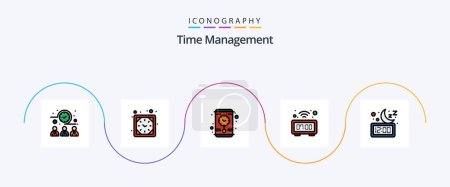 Téléchargez les illustrations : Time Management Line Filled Flat 5 Icon Pack Including night. clock. clock. watch. digital - en licence libre de droit