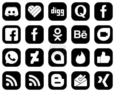 Téléchargez les illustrations : 20 Icônes de médias sociaux blancs créatifs sur fond noir tels que l'amadou. deviantart. facebook. icônes whatsapp et behance. Minimaliste et personnalisable - en licence libre de droit