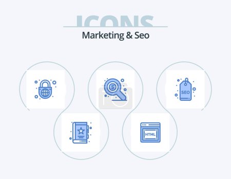 Ilustración de Marketing y Seo Blue Icon Pack 5 Icon Design. Etiqueta SEO. Una placa. seguridad. seo. mercado - Imagen libre de derechos