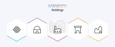 Illustration for Buildings 25 Line icon pack including store. marketplace. factory. institute building. nuclear plant - Royalty Free Image