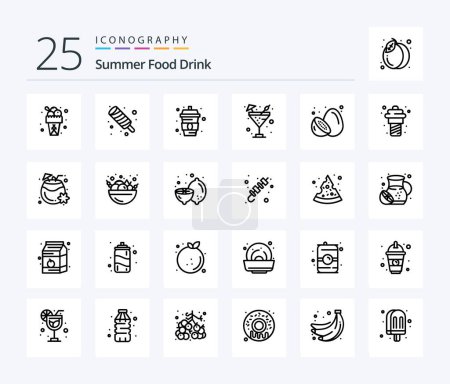 Illustration for Summer Food Drink 25 Line icon pack including yogurt. kiwi. drink. healthy. food - Royalty Free Image