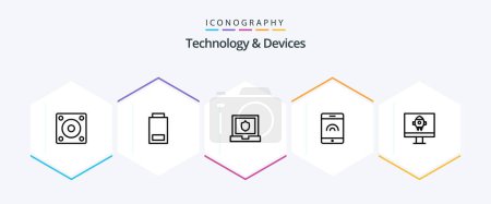 Ilustración de Dispositivos 25 Paquete de iconos de línea incluyendo. startup. laptop. cohete. toque - Imagen libre de derechos