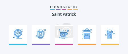 Téléchargez les illustrations : Pack de 5 icônes Saint Patrick Bleu Verre inclus. l'or. café. Irlandais. jour. Icônes créatives Design - en licence libre de droit