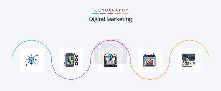 Téléchargez les illustrations : Digital Marketing Line Filled Flat 5 Icon Pack Including launch. chart. bulb. browser. window - en licence libre de droit