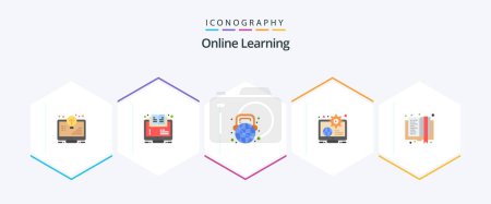 Illustration for Online Learning 25 Flat icon pack including content. globe. online. headphone. learning - Royalty Free Image