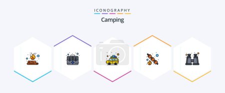 Téléchargez les illustrations : Camping 25 FilledLine icône pack y compris explorer. Gentil. camper. la nourriture. guimauve - en licence libre de droit