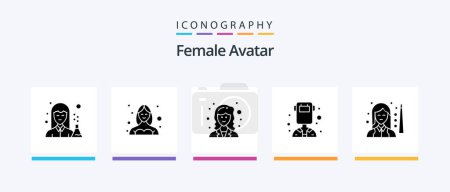 Téléchargez les illustrations : Pack d'icônes Avatar Glyph 5 femelle, y compris soudeuse. femelle. profil. avatar. chercheur. Icônes créatives Design - en licence libre de droit
