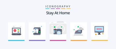 Ilustración de Stay At Home Flat 5 Icon Pack Including tv. news. camera. steaming. iron. Creative Icons Design - Imagen libre de derechos
