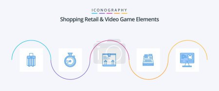 Téléchargez les illustrations : Shoping Retail And Video Game Elements Blue 5 Icon Pack Including screen . shopping. deliver. printer. fax - en licence libre de droit