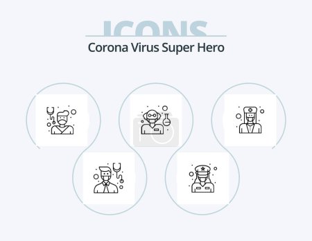 Ilustración de Corona Virus Super Hero Line Icon Pack 5 Icon Design. doctor. Hombre. Hombre. salud. protección - Imagen libre de derechos