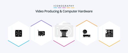 Illustration for Video Producing And Computer Hardware 25 Glyph icon pack including network. hardware. computer. connection. cpu - Royalty Free Image