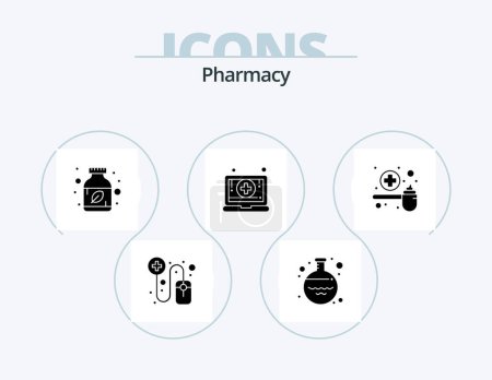 Illustration for Pharmacy Glyph Icon Pack 5 Icon Design. measuring. cure. bottle. pharmacy. laptop - Royalty Free Image