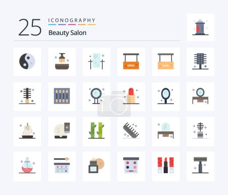 Ilustración de Salón de belleza 25 Flat Color icono paquete incluyendo salón abierto. a bordo. Salón. belleza y spa. espejo - Imagen libre de derechos