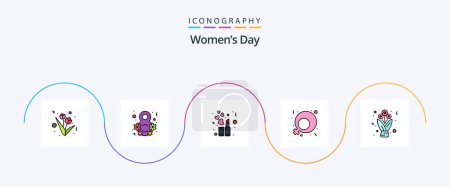 Illustration for Womens Day Line Filled Flat 5 Icon Pack Including present. lipstick. flowers. women sign - Royalty Free Image