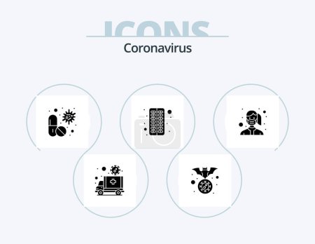 Téléchargez les illustrations : Icône de glyphe de coronavirus Pack 5 Icône Design. médical. antivirus. grippe. pilule. gélule - en licence libre de droit