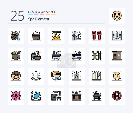 Téléchargez les illustrations : Spa Element 25 Line Filled icon pack including slipper. comfortable. scoop. clothes. spa - en licence libre de droit