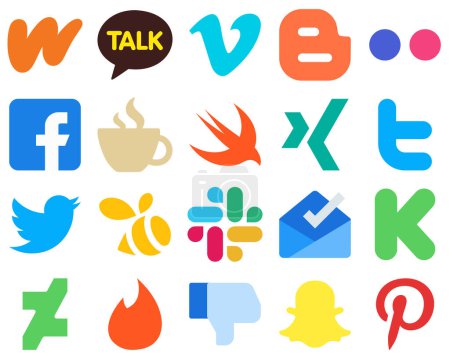 Ilustración de 20 iconos planos de redes sociales para un twitter de interfaz de usuario simplista. Rápido. iconos yahoo y cafeína. Set de iconos de gradiente simple - Imagen libre de derechos
