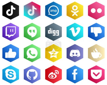 Illustration for 25 Minimalistic White Icons such as dislike. vimeo. digg and twitch icons. Hexagon Flat Color Backgrounds - Royalty Free Image