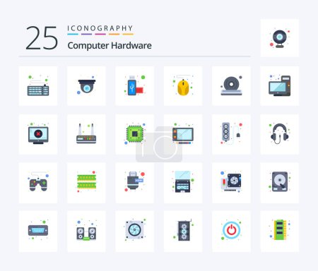 Ilustración de Equipo de hardware 25 Paquete de iconos de color plano incluyendo reproductor. dvd. conexión. Disco. hardware - Imagen libre de derechos