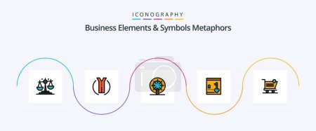 Téléchargez les illustrations : Business Elements And Symbols Metaphors Line Filled Flat 5 Icon Pack Including shopping. key. wheel. lock. safe - en licence libre de droit