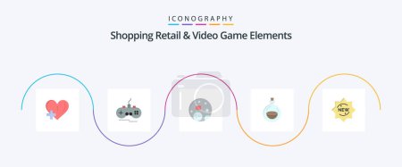 Téléchargez les illustrations : Shoping Retail And Video Game Elements Pack de 5 icônes plat, y compris le produit. pulvérisation. lune. toilettes. parfum - en licence libre de droit
