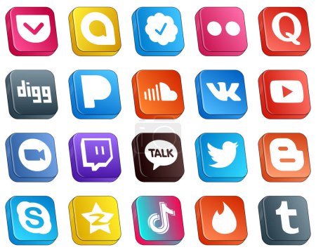 Illustration for 20 Minimalist Isometric 3D Social Media Icons such as meeting. zoom. pandora. video and vk icons. Editable and high-resolution - Royalty Free Image