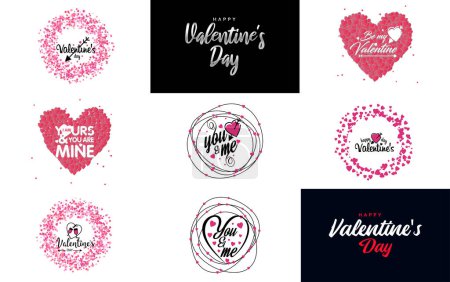 Ilustración de Happy Valentine's Day greeting background in papercut realistic style paper clouds. flying realistic heart on a string; pink banner party invitation template with calligraphy words text sign on copy space - Imagen libre de derechos