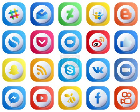 Illustration for 20 Cute Stylish 3D Gradient Social Media Icons such as feed. snapchat. google duo and facebook icons. High-Definition and High-Quality - Royalty Free Image