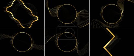 Ilustración de Abstract black circle shape with golden glowing frame and glitters vector illustration with a geometric backdrop featuring golden glittering particles; holiday banner design with a minimalist decoration - Imagen libre de derechos
